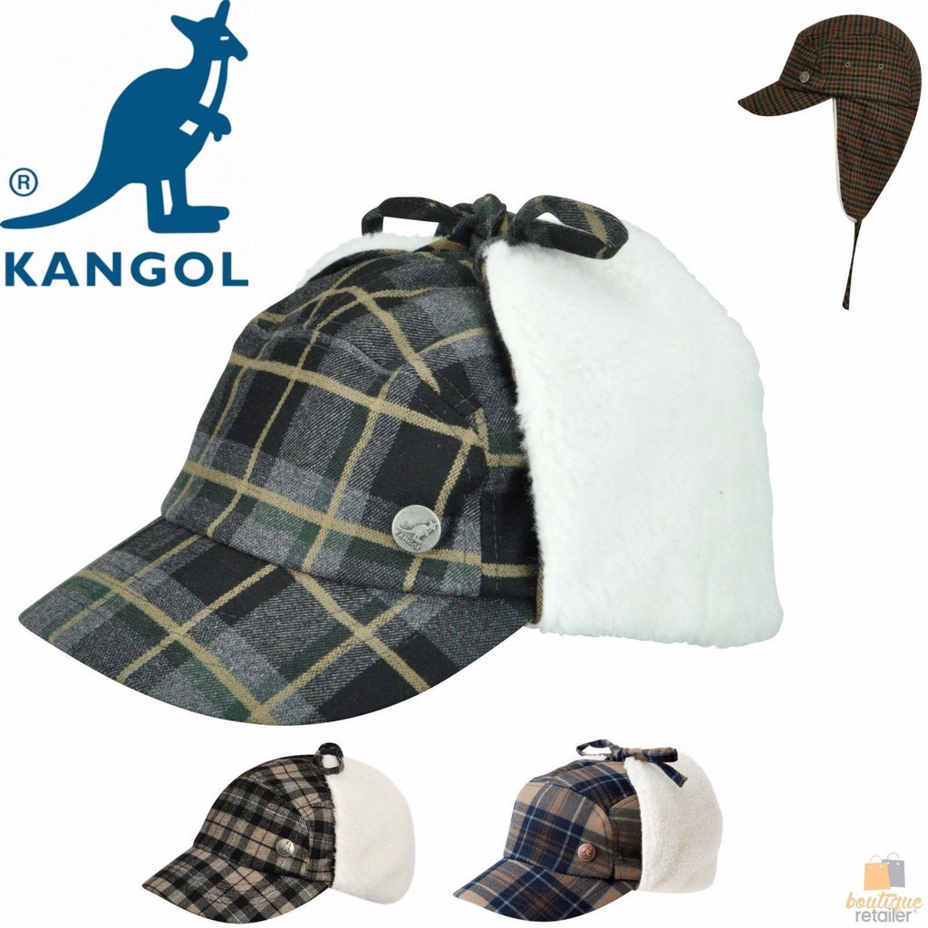KANGOL Plaid Supre Ushanka Sherpa Chullo Lined Hat Warm Winter Ear Trapper Flying - Black/Grey - L/XL