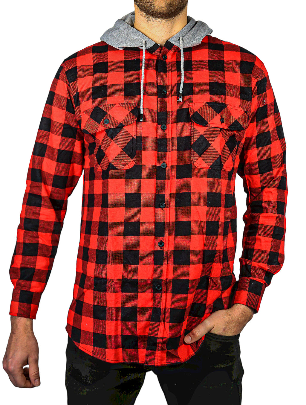 Herren Baumwoll Flanellhemd mit Jerseykapuze Langarm Flanell - Rot/Schwarz - S