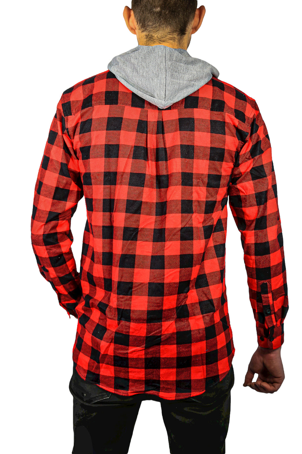 Herren Baumwoll Flanellhemd mit Jerseykapuze Langarm Flanell - Rot/Schwarz - S