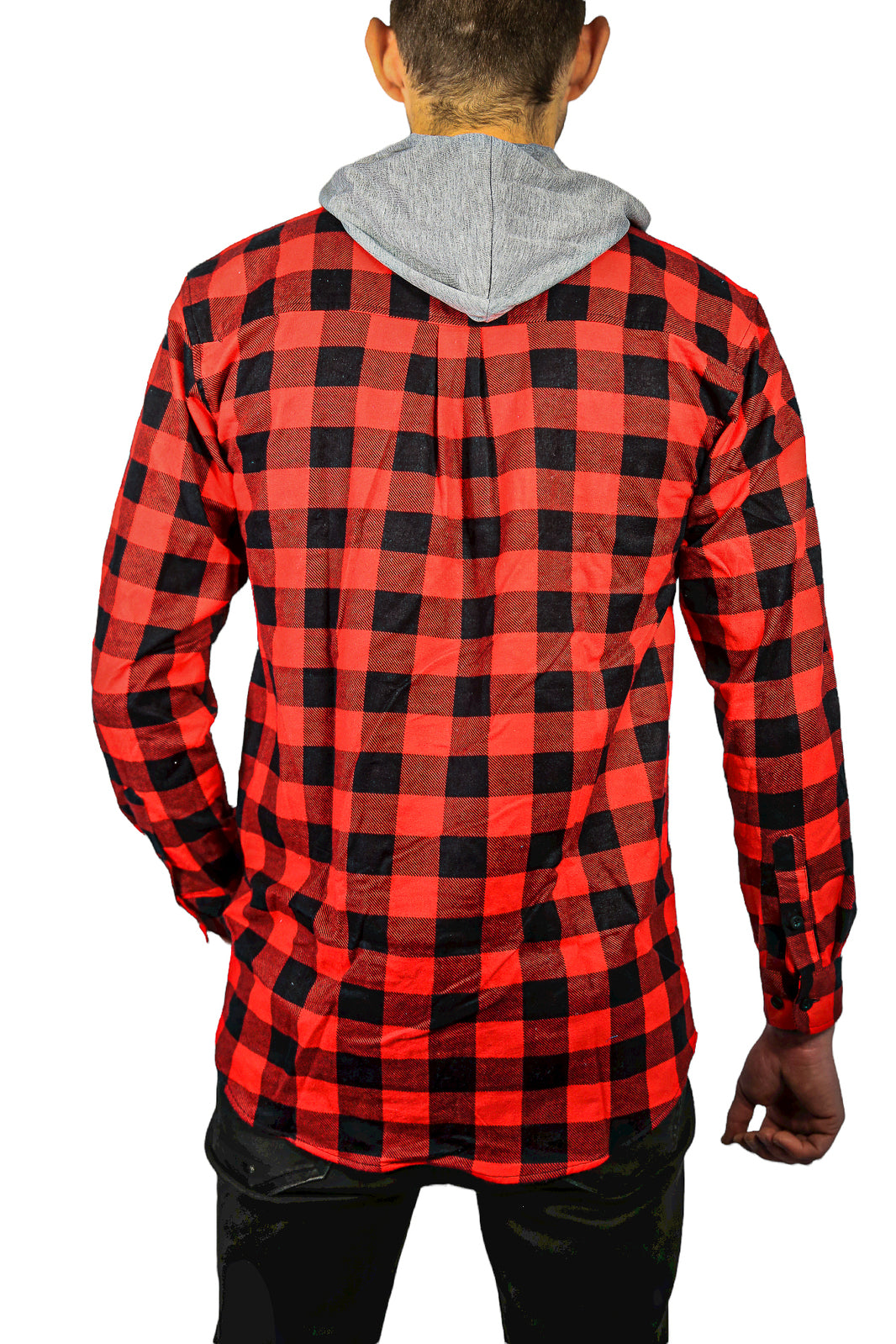 Herren Baumwoll Flanellhemd mit Jerseykapuze Langarm Flanell - Rot/Schwarz - S