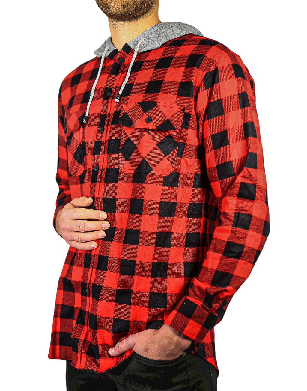 Herren Baumwoll Flanellhemd mit Jerseykapuze Langarm Flanell - Rot/Schwarz - S