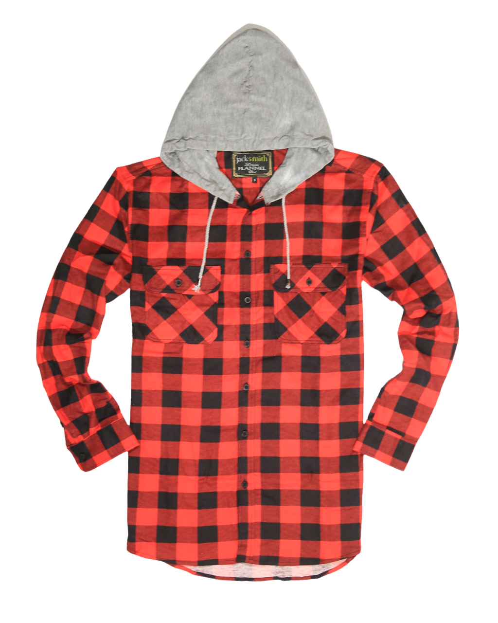 Herren Baumwoll Flanellhemd mit Jerseykapuze Langarm Flanell - Rot/Schwarz - S