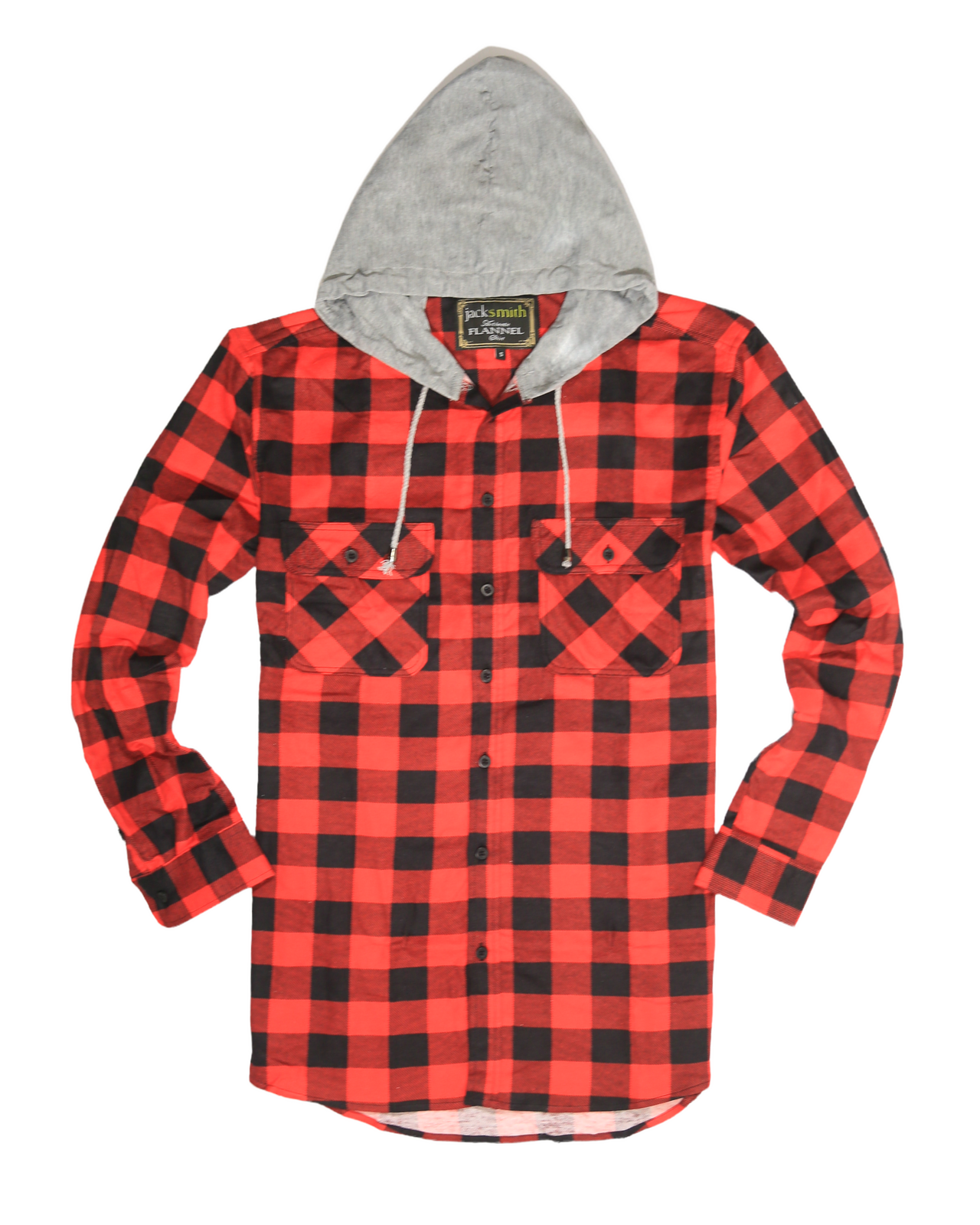 Herren Baumwoll Flanellhemd mit Jerseykapuze Langarm Flanell - Rot/Schwarz - S