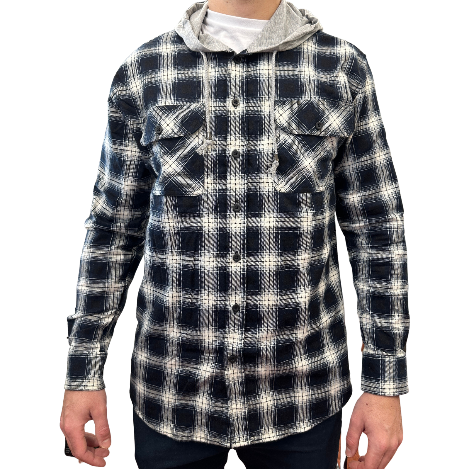 Herren Baumwoll-Flanellhemd mit Jersey-Kapuze Langarm-Flanell - Schwarz - L