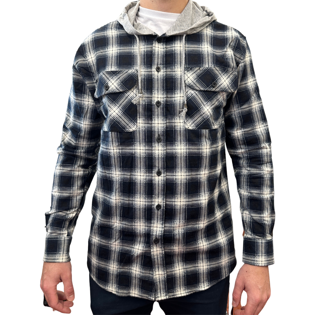 Herren Baumwoll-Flanellhemd mit Jersey-Kapuze Langarm-Flanell - Schwarz - L