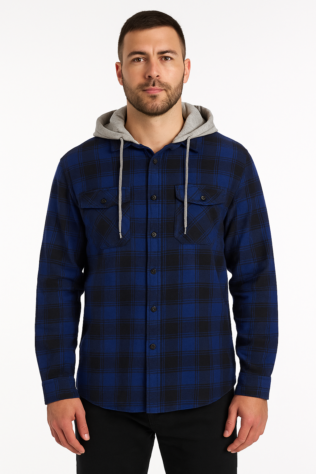Herren Baumwoll-Flanellhemd mit Jerseykapuze Langarm-Flanellhemd - Royalblau - S