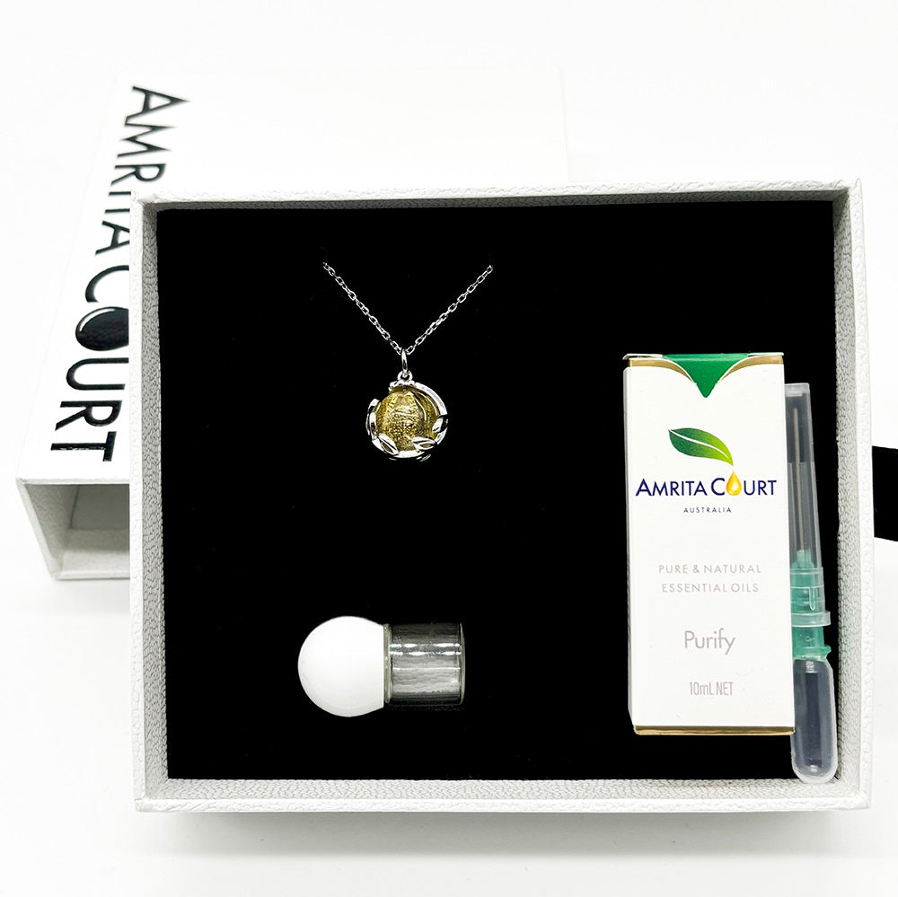 Geschenkbox - Aromakette Weißgold - Planet Jovian Gold (Goldgelb) + Purify Ölmischung
