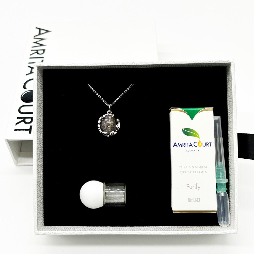 Geschenkbox - Aromakette Weißgold - Planet Lunar Lavendel (Lavendel Violett) + Reinigungsölmischung