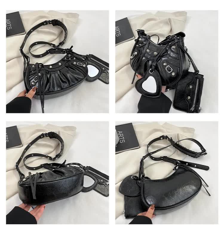Blue Vintage Rivet Crescent Moon Bag with Card Holder & Mirror, French Retro PU Leather Shoulder & Crossbody Motorcycle Bag for Women