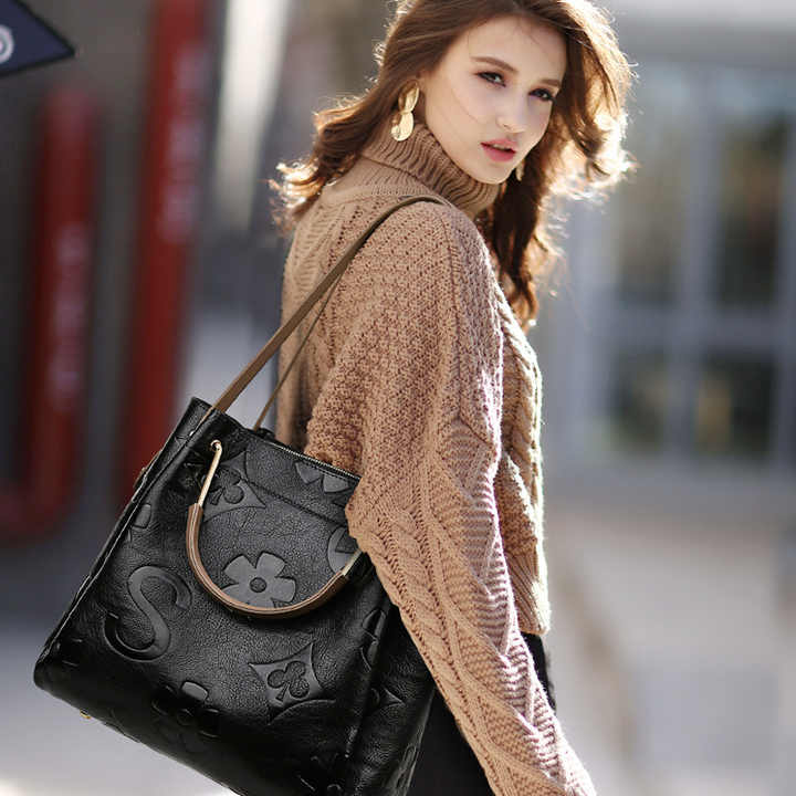 Dunkelgrüne elegante Tote Bag aus geprägtem PU-Leder für Damen – große Handtasche mit Innentasche