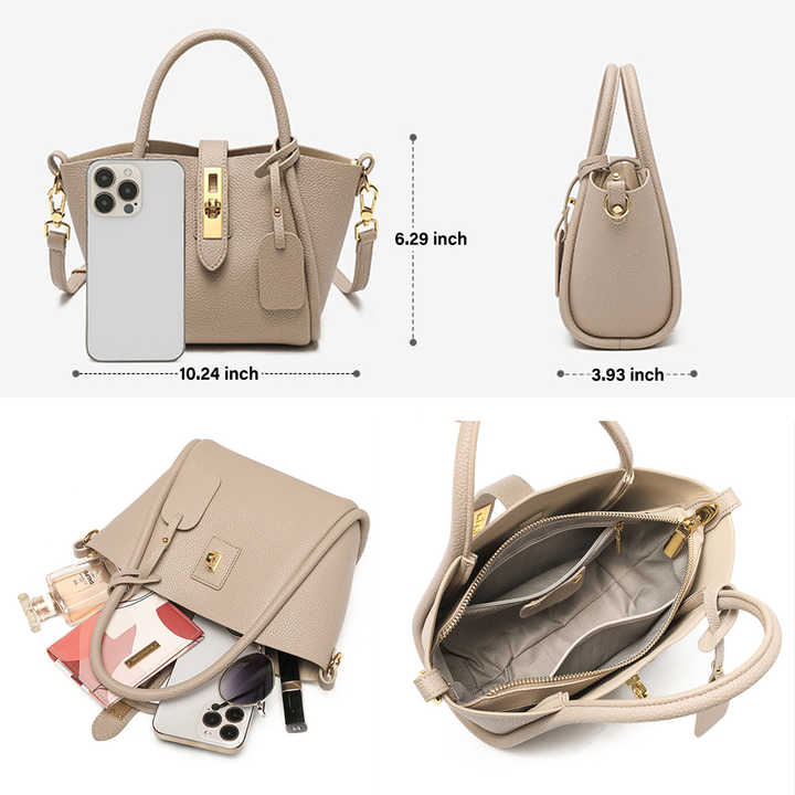 Beige Damenhandtasche aus echtem Leder – stylische Beuteltasche mit Henkel und Crossbody-Riemen