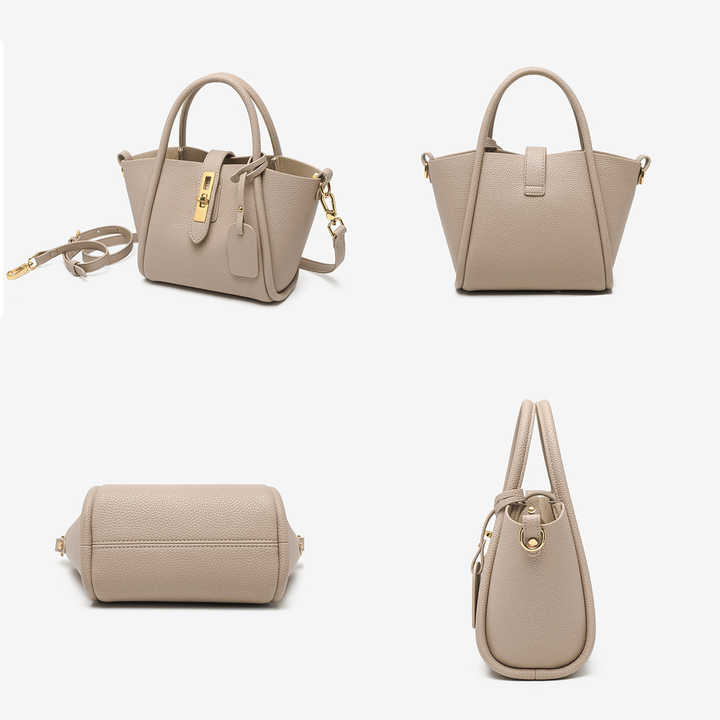 Beige Damenhandtasche aus echtem Leder – stylische Beuteltasche mit Henkel und Crossbody-Riemen