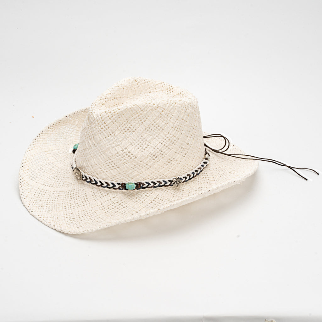 Weißer handgemachter Stroh-Cowboyhut, Sommer Sonnenhut, Outdoor Sonnenschutz, Passend für Kopfgröße 58-59cm