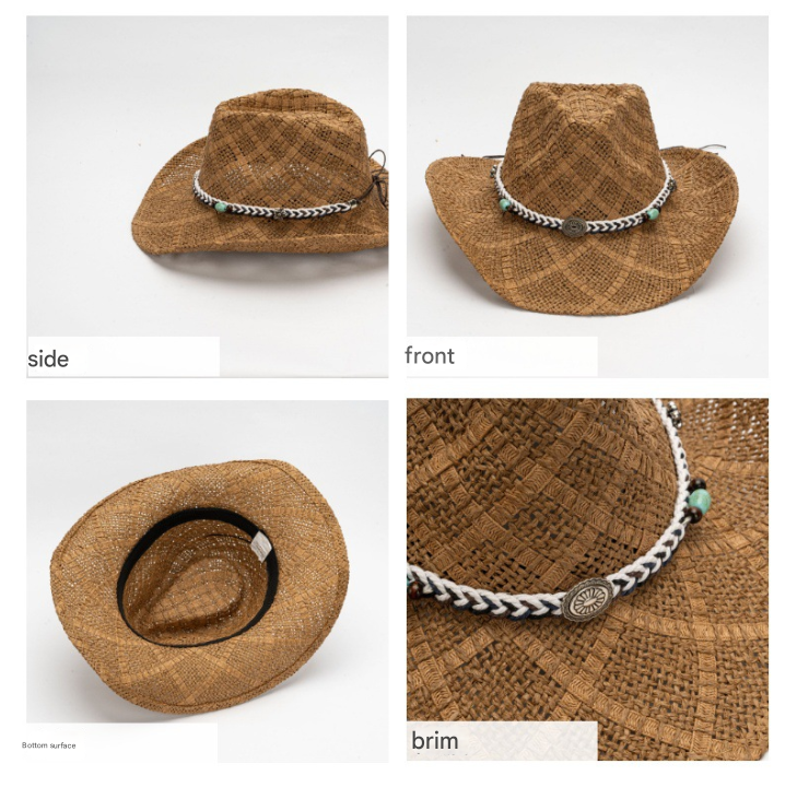Weißer handgemachter Stroh-Cowboyhut, Sommer Sonnenhut, Outdoor Sonnenschutz, Passend für Kopfgröße 58-59cm