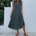 Dark grey Flowy Sleeveless Midi Dress - Sleeveless solid sundress with decorative buttons Size L