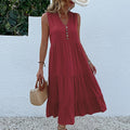 Weinrotes, fließendes, ärmelloses Midikleid - Ärmelloses, einfarbiges Sommerkleid mit Zierknöpfen Größe L