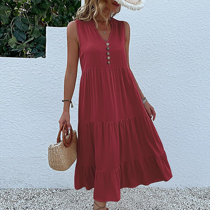 Weinrotes, fließendes, ärmelloses Midikleid - Ärmelloses, einfarbiges Sommerkleid mit Zierknöpfen Größe L