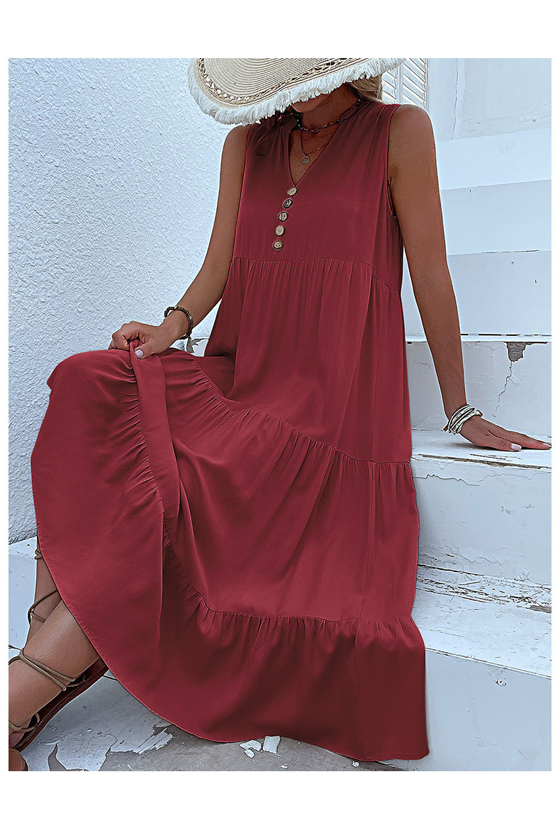 Weinrotes, fließendes, ärmelloses Midikleid - Ärmelloses, einfarbiges Sommerkleid mit Zierknöpfen Größe L