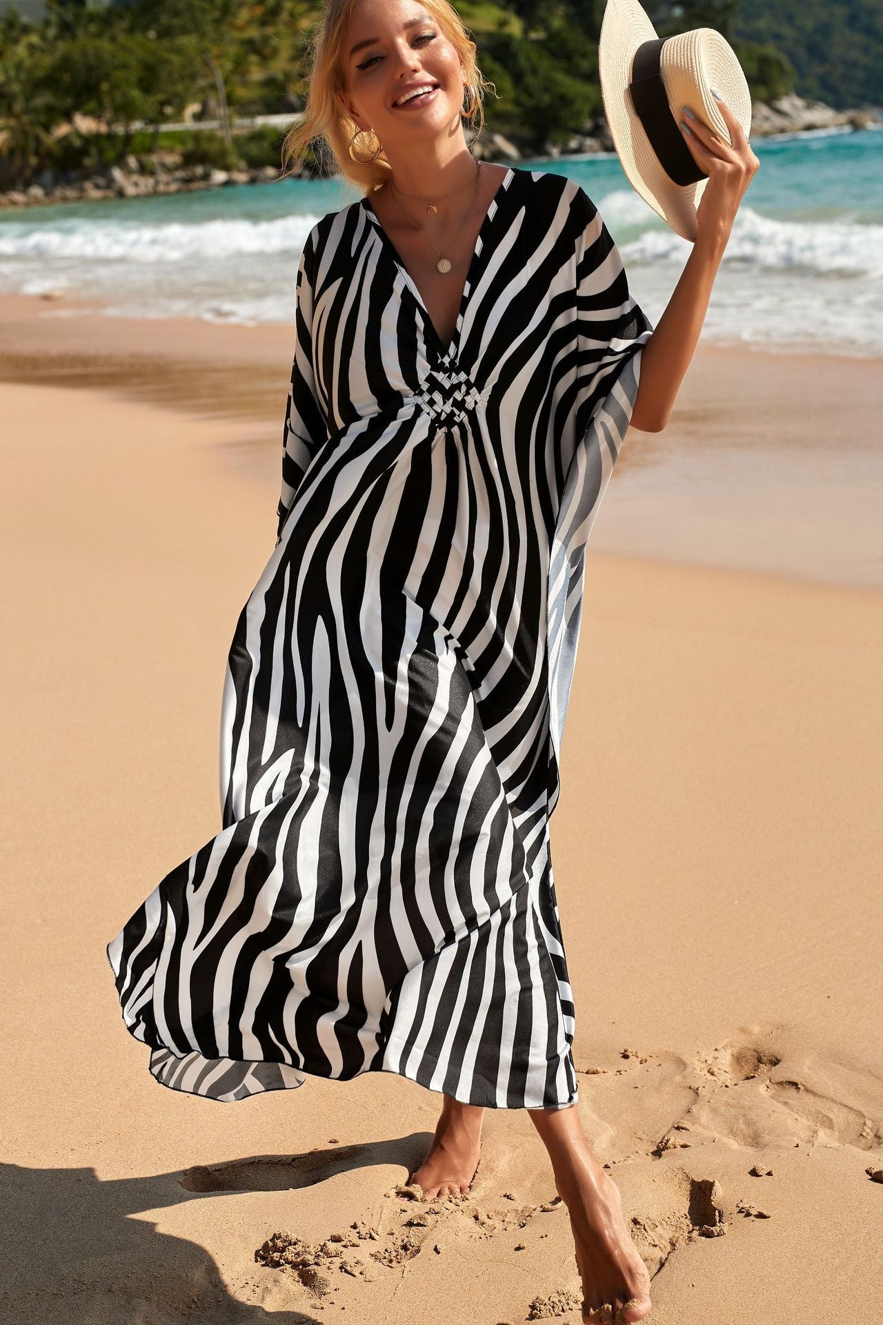 Zebramuster Kaftankleid in lockerer Passform – Strand-Cover-up im Resort-Stil für Damen