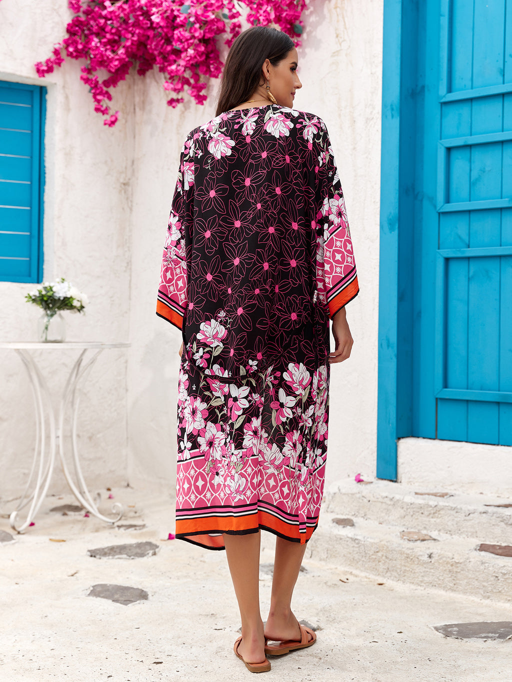 Rosa Damen Leichte Strandjacke – Kimono mit Blumenmuster
