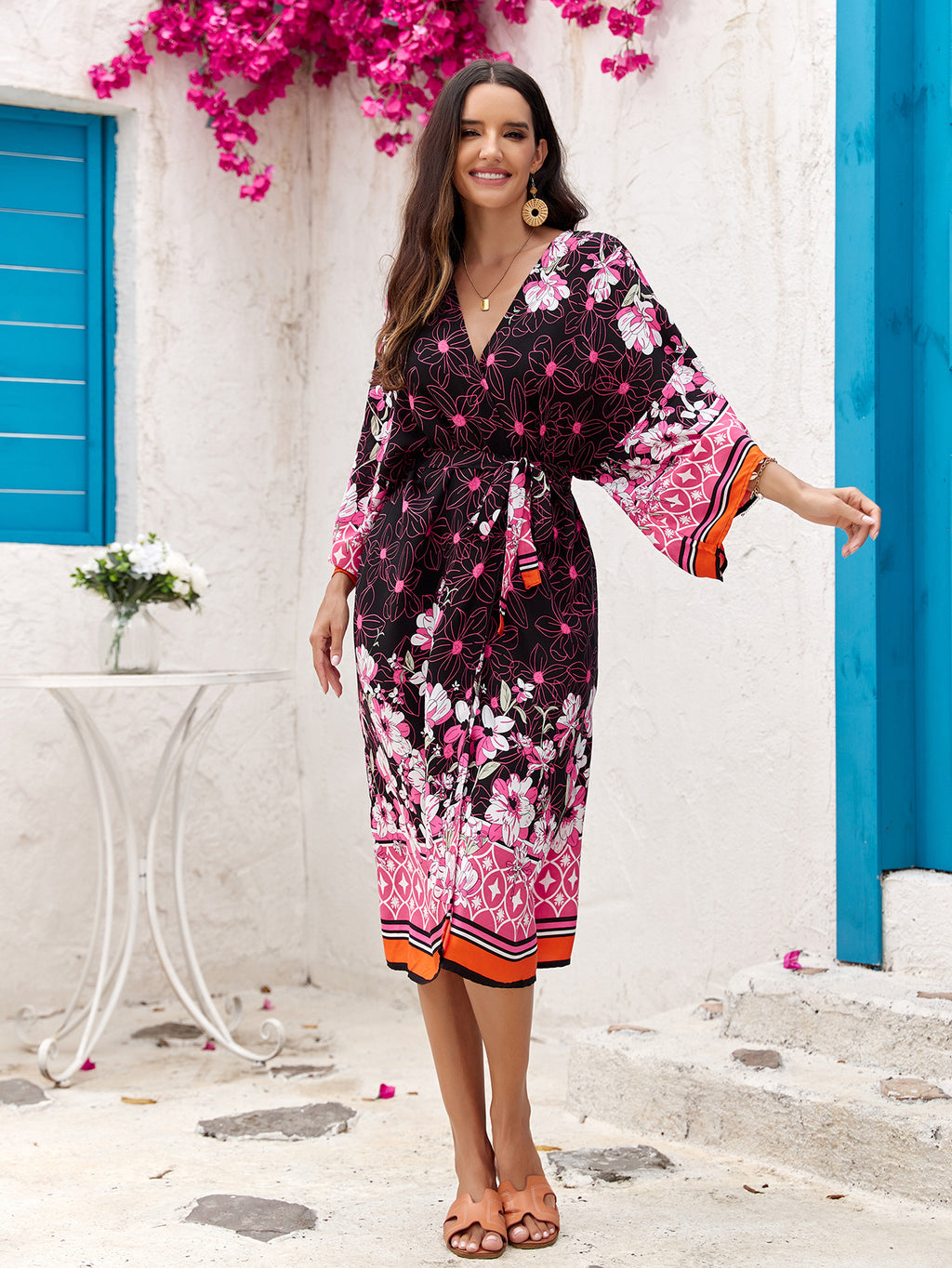 Rosa Damen Leichte Strandjacke – Kimono mit Blumenmuster