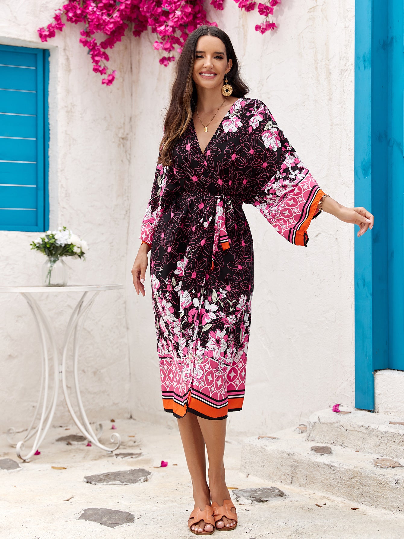 Rosa Damen Leichte Strandjacke – Kimono mit Blumenmuster