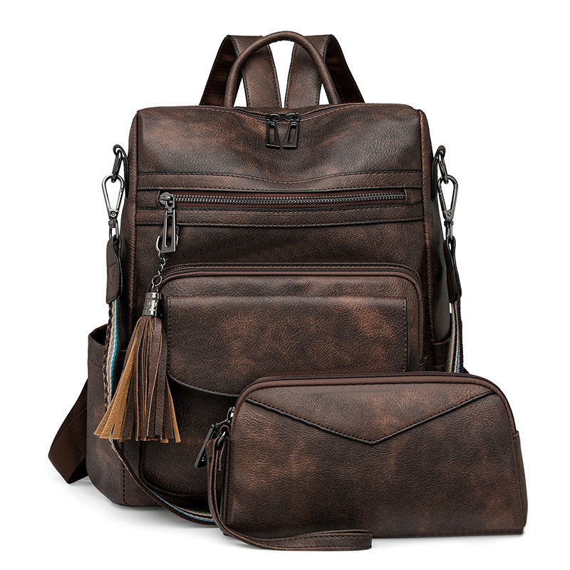 Kaffee Raues Narbenleder Modischer Damen-Rucksack-Set - Mit Münzbeutel und Quasten