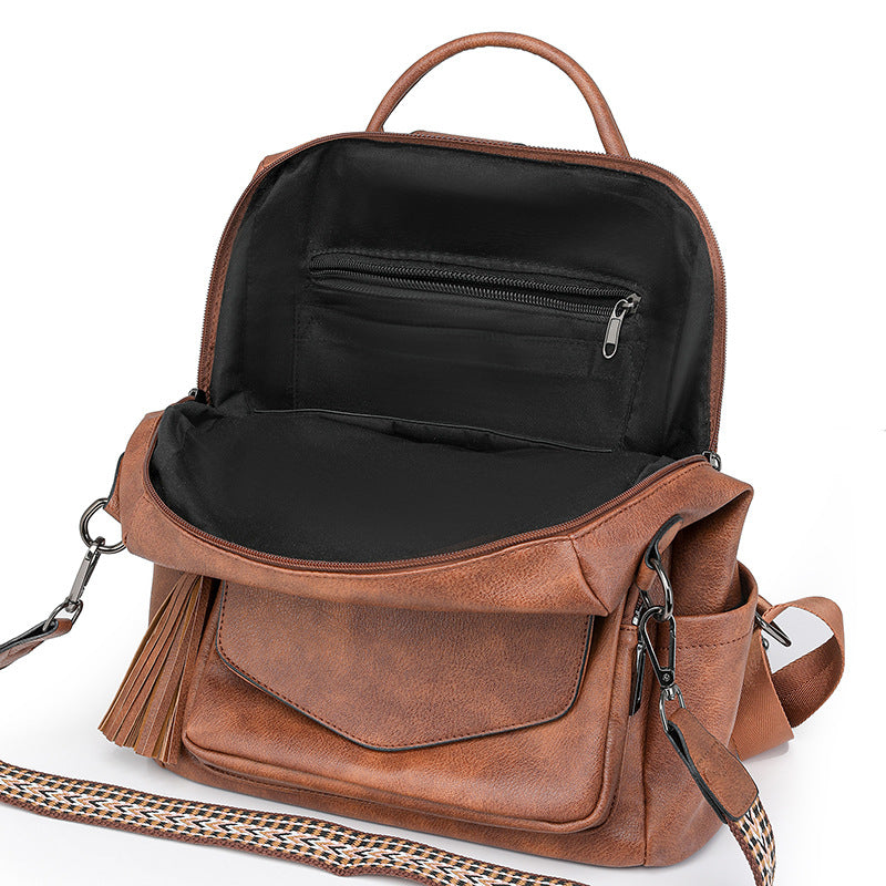 Kaffee Raues Narbenleder Modischer Damen-Rucksack-Set - Mit Münzbeutel und Quasten