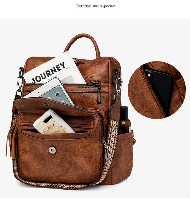 Kaffee Raues Narbenleder Modischer Damen-Rucksack-Set - Mit Münzbeutel und Quasten