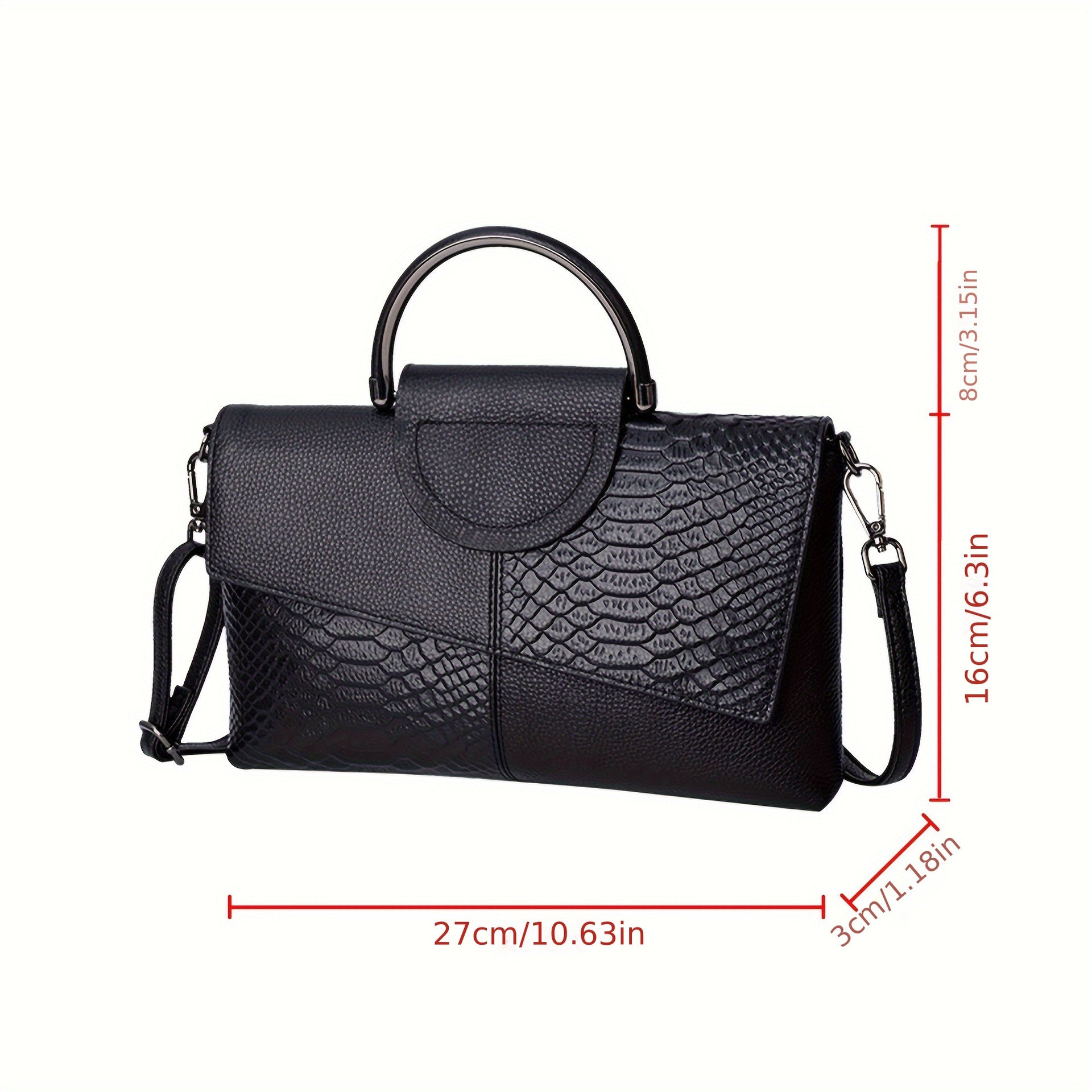 Schwarze, elegante Clutch mit Kroko-Prägung – mit Metallgriff und Schulterriemen