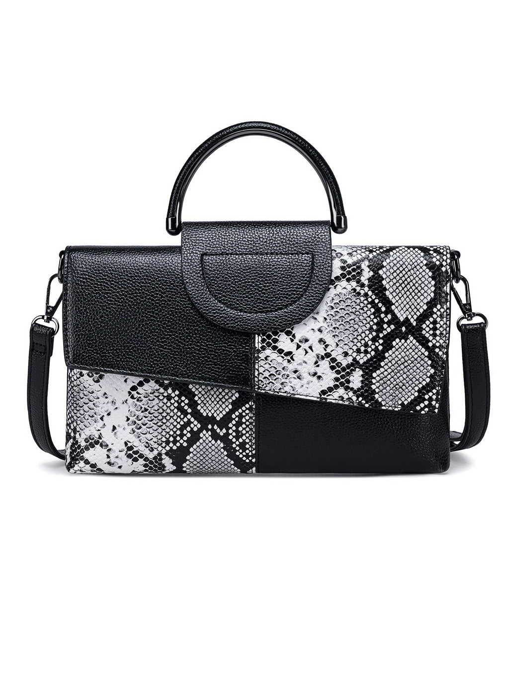 Schwarz-weiße elegante Clutch mit Krokoprägung – mit Metallgriff oben und Schulterriemen