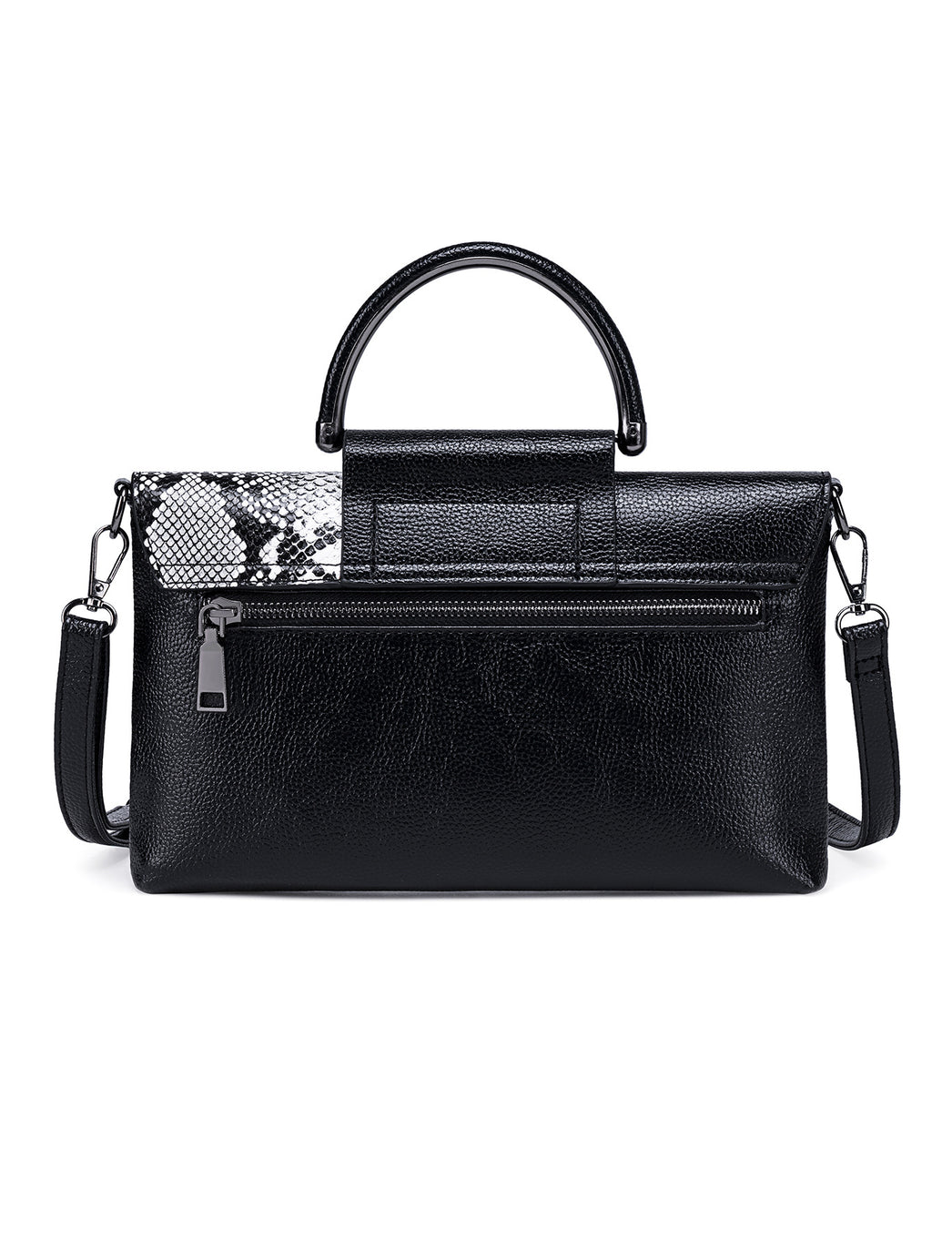 Schwarz-weiße elegante Clutch mit Krokoprägung – mit Metallgriff oben und Schulterriemen