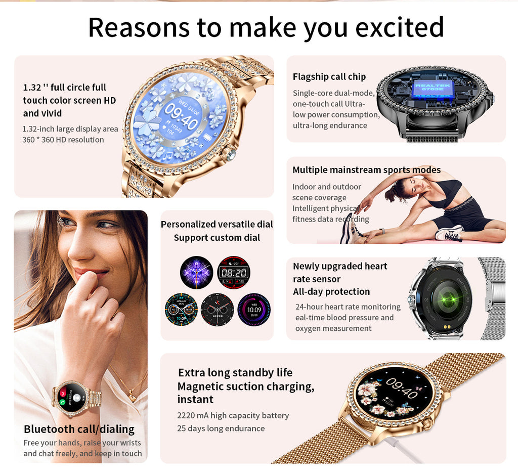 Elegante Damen-Smartwatch, HD-Touchscreen, Bluetooth-Anrufe, Gesundheitsüberwachung (Gold)