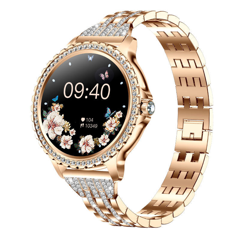 Elegante Damen Smartwatch, HD-Touchscreen, Bluetooth-Anrufe, Gesundheitsüberwachung (Goldene dünne Stahllünette)