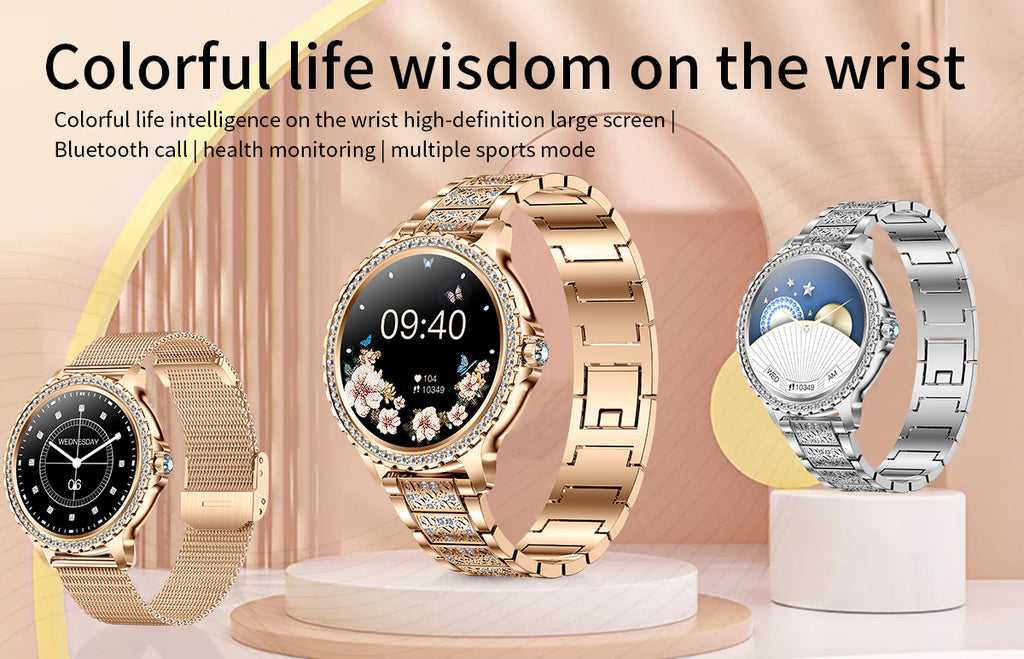 Elegante Damen Smartwatch, HD-Touchscreen, Bluetooth-Anrufe, Gesundheitsüberwachung (Goldene dünne Stahllünette)