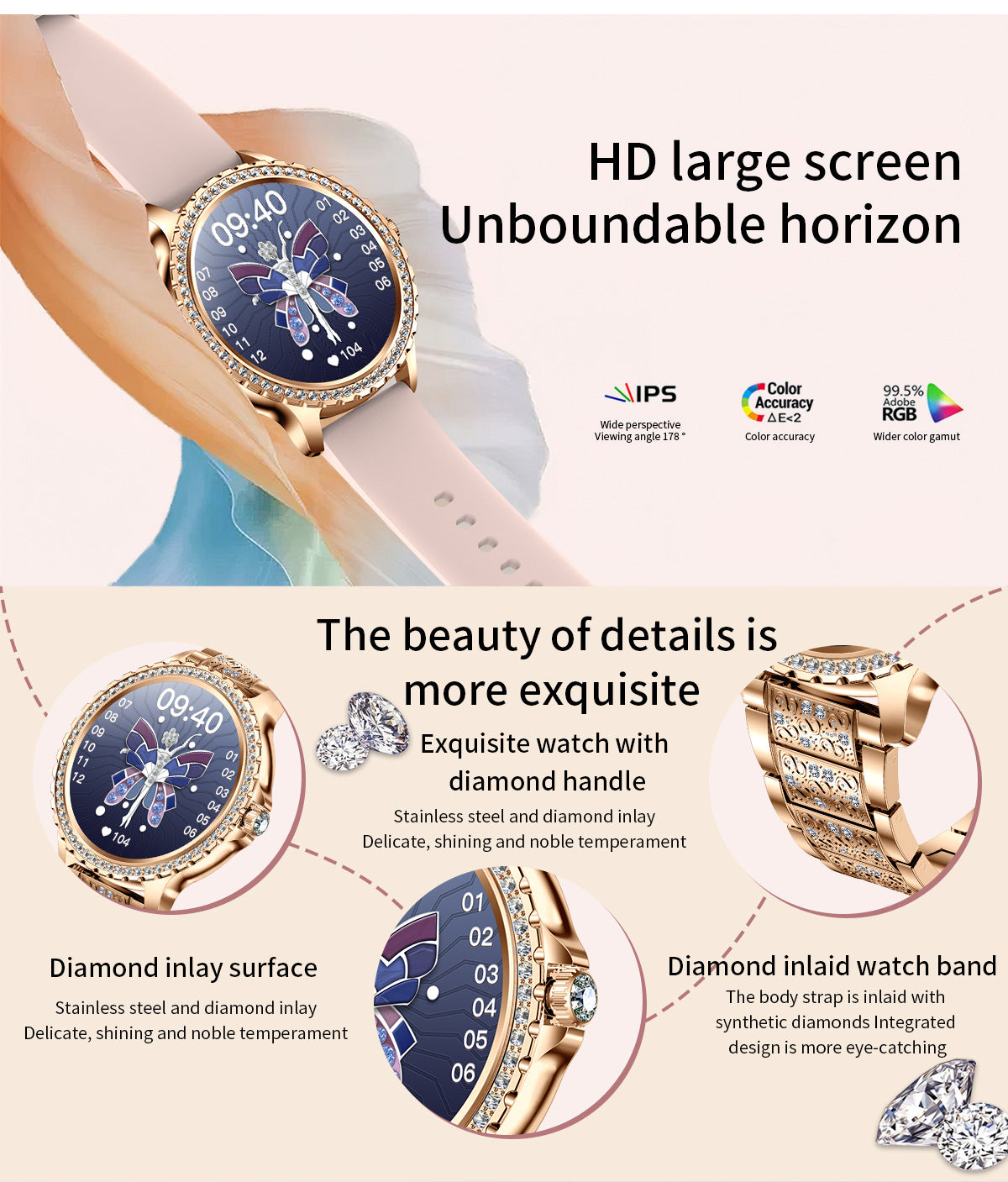 Elegante Damen Smartwatch, HD-Touchscreen, Bluetooth-Anrufe, Gesundheitsüberwachung (Goldene dünne Stahllünette)