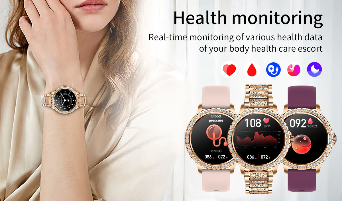 Elegante Damen Smartwatch, HD-Touchscreen, Bluetooth-Anrufe, Gesundheitsüberwachung (Goldene dünne Stahllünette)