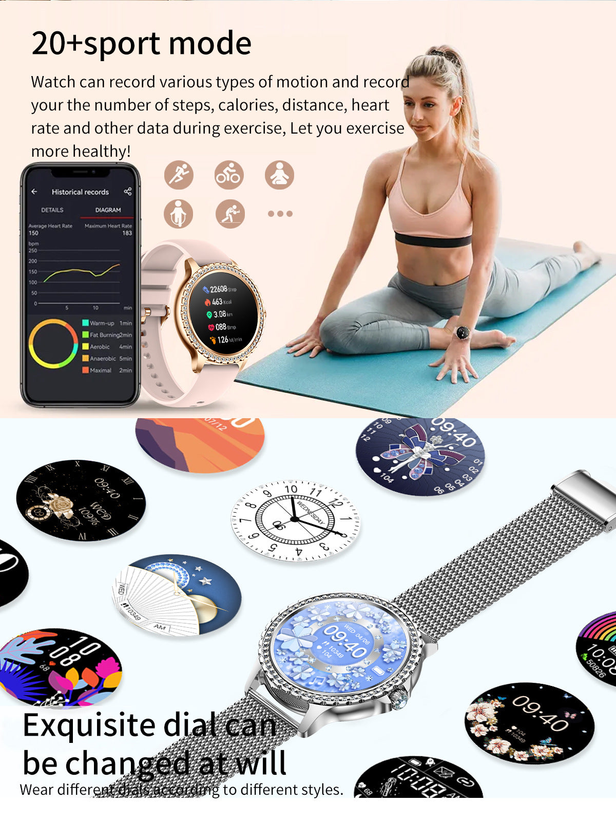 Elegante Damen Smartwatch, HD-Touchscreen, Bluetooth-Anrufe, Gesundheitsüberwachung (Goldene dünne Stahllünette)