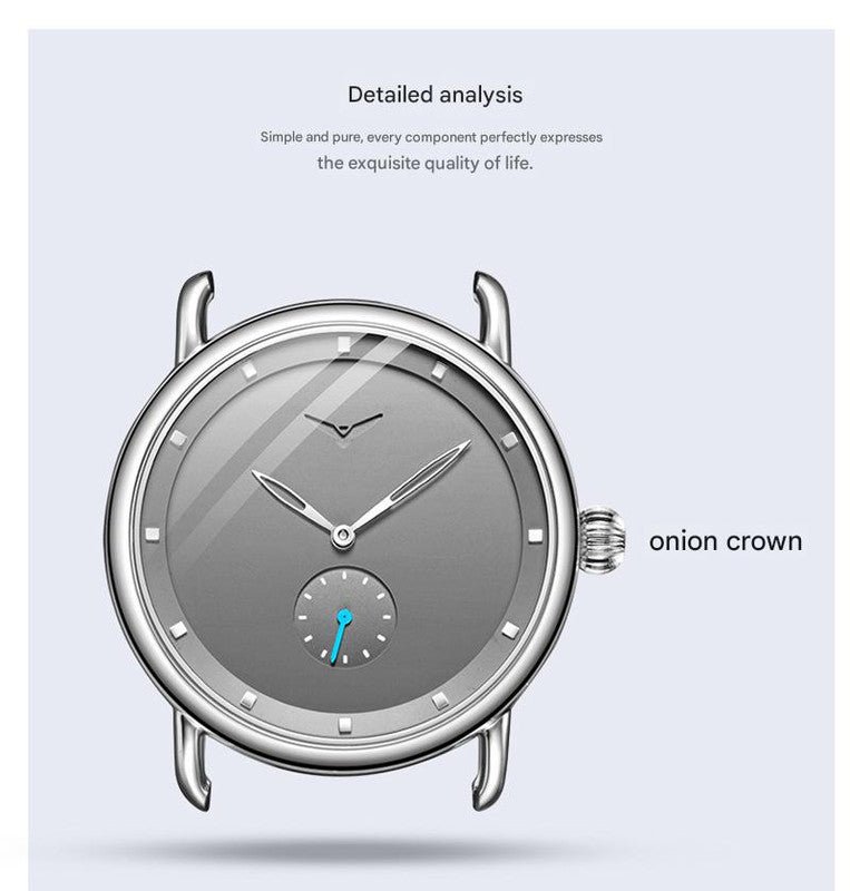 Black Elegant Men's Watch with Leather Band - Small Seconds, Onion Crown Detail
