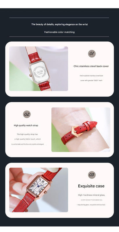Rose gold shell lotus root plate coffee belt Ladies Quartz Watch - Classic Rectangular, Leather Band