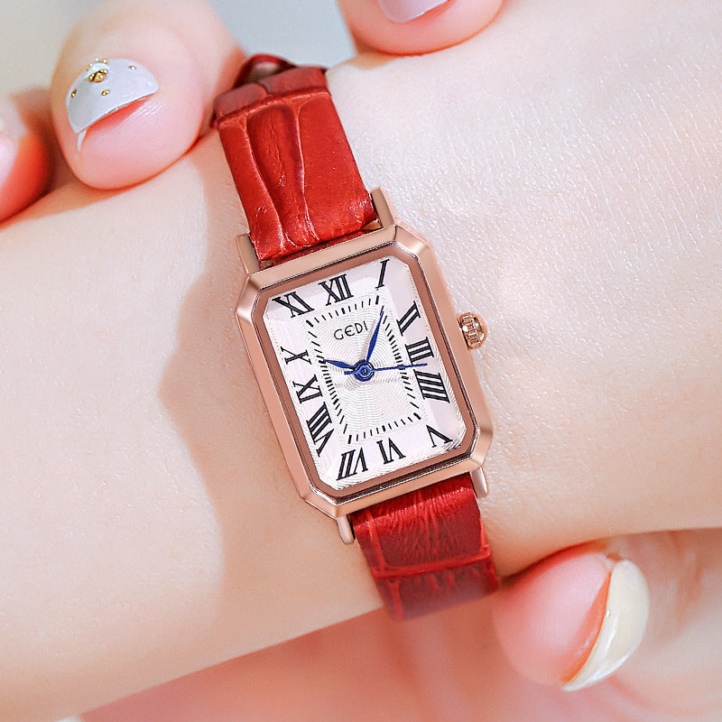 Roségoldenes Gehäuse, weißes Zifferblatt, rotes Armband Damen Quarzuhr - Klassisch rechteckig, Lederarmband