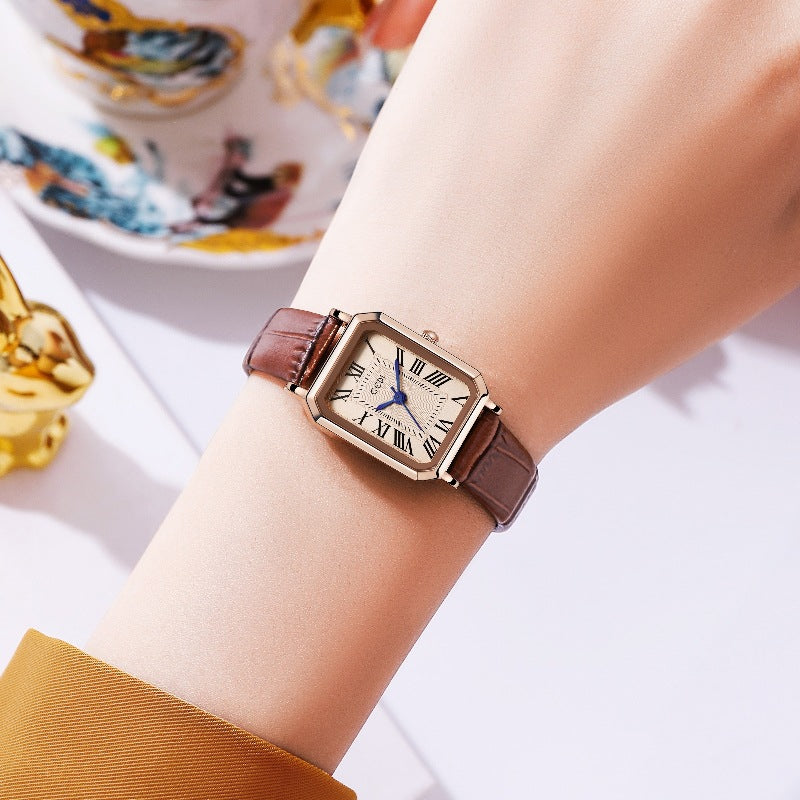 Roségoldenes Gehäuse, weißes Zifferblatt, rotes Armband Damen Quarzuhr - Klassisch rechteckig, Lederarmband