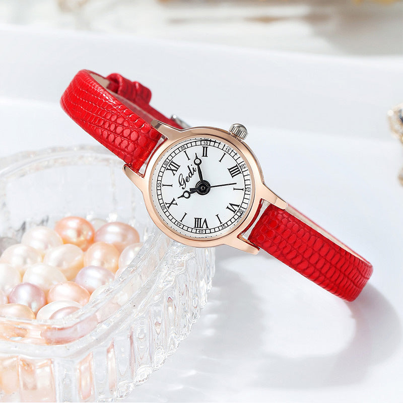 Rosenmuschel Weißes Zifferblatt Rotes Band Zarte Damenuhr - 20mm Zifferblatt mit römischen Ziffern, Lederarmband