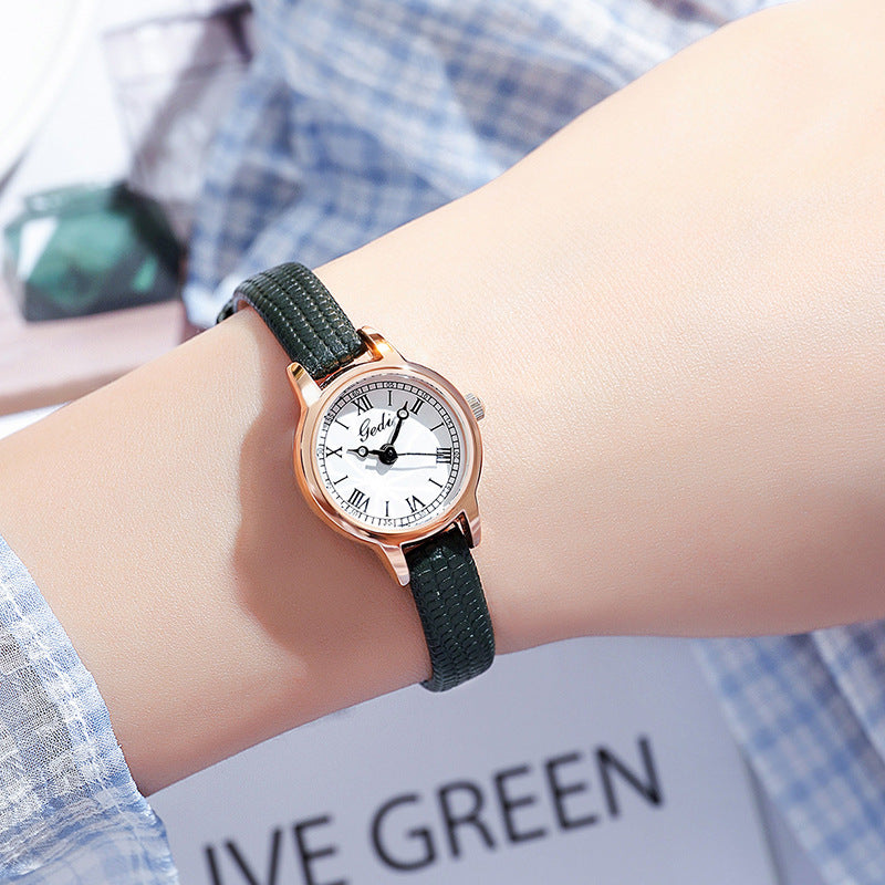 Rosafarbene Muschel-Zifferblatt Weiße Platte Grüner Gürtel Zarte Damenuhr - 20mm Zifferblatt mit römischen Ziffern, Lederarmband