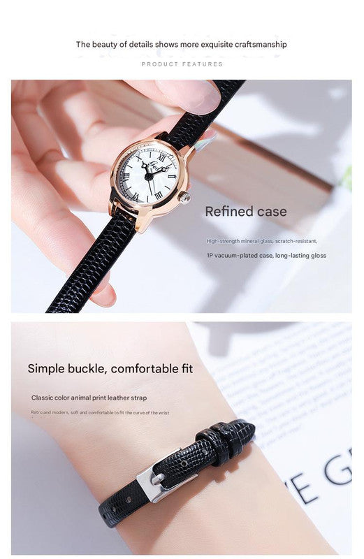 Rose shell white plate black belt Delicate Women's Watch - 20mm Roman Numeral Dial, Leather Strap