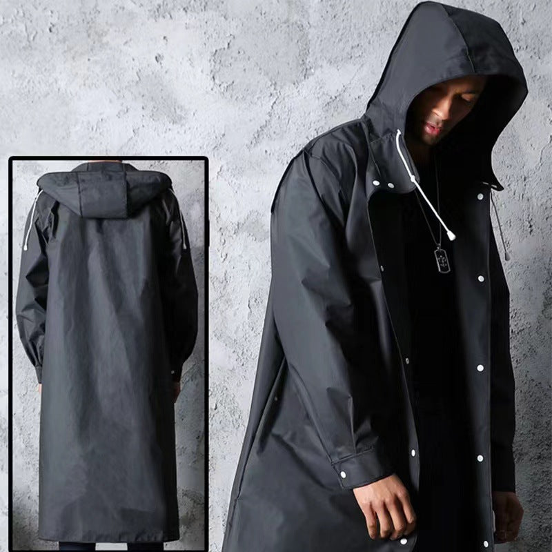 Stylischer schwarzer Trench-Regenmantel – Extralang, Kapuze, zum Wandern & Angeln – XL
