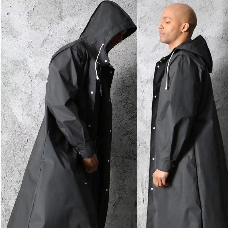 Stylischer schwarzer Trench-Regenmantel – Extralang, Kapuze, zum Wandern & Angeln – XL