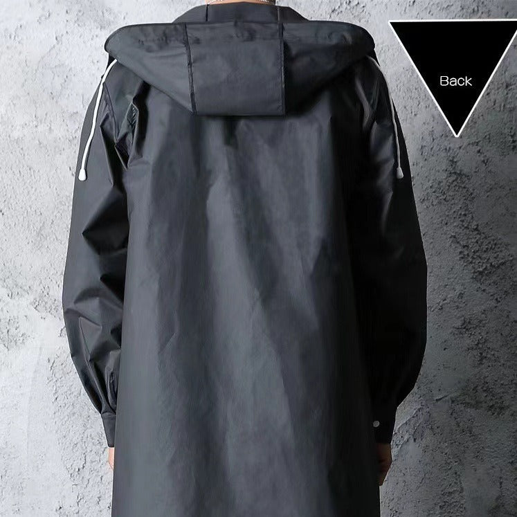 Stylischer schwarzer Trench-Regenmantel – Extralang, Kapuze, zum Wandern & Angeln – XL