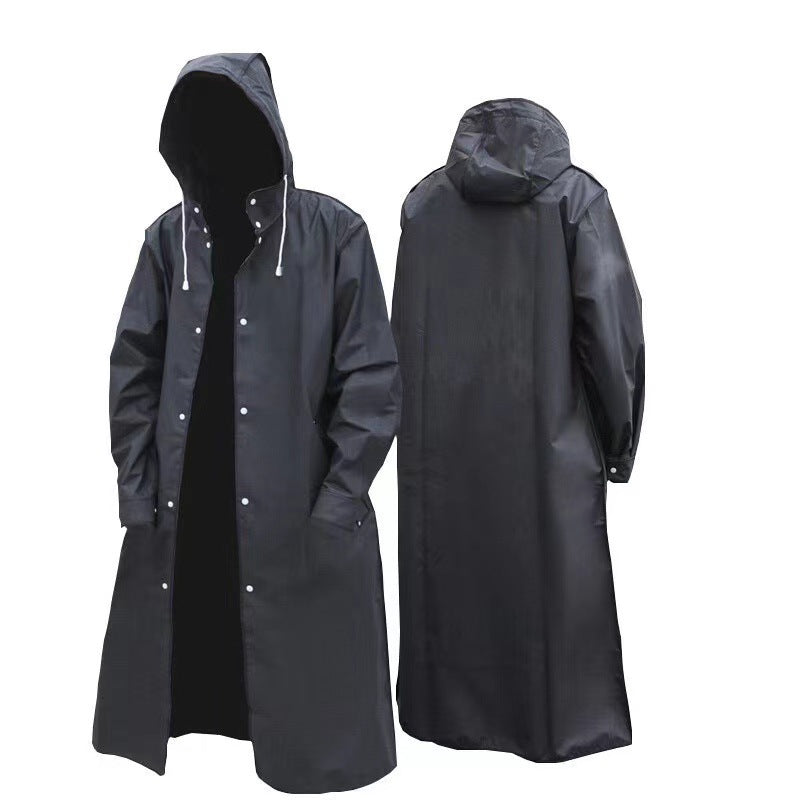 Stylischer schwarzer Trench-Regenmantel – Extralang, Kapuze, zum Wandern & Angeln – XL