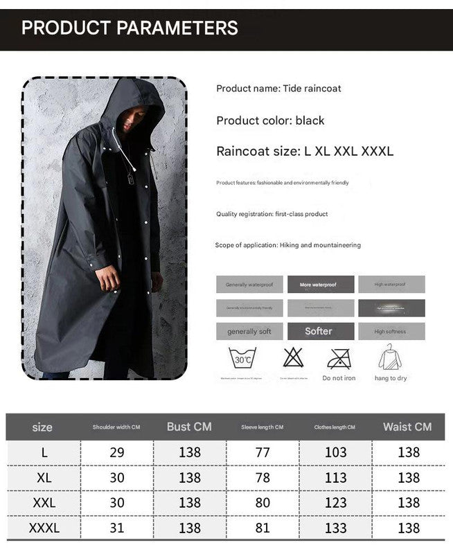 Stylischer schwarzer Trench-Regenmantel – Extralang, Kapuze, zum Wandern & Angeln – XL